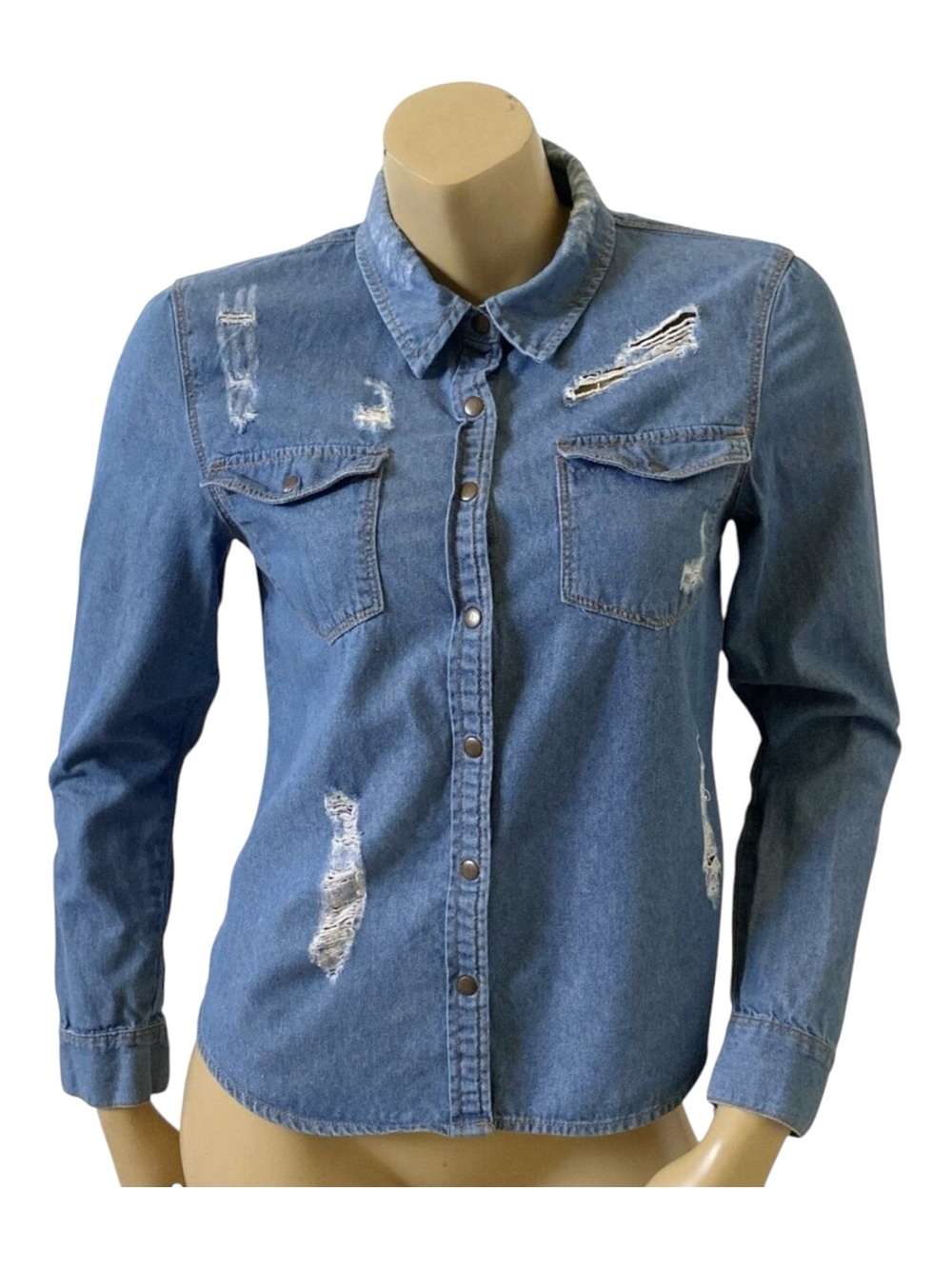 Forever 21 Denim Shirt Womens S Blue Distressed Snap Front Western Long Sleeve